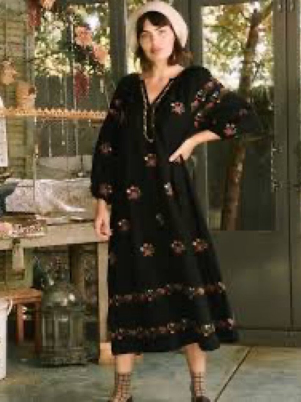 The GREAT Prairieland Floral Embroidered Midi Dress in Black